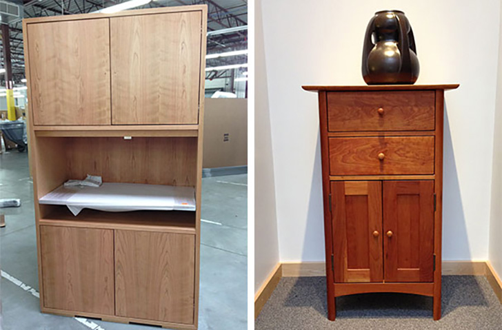 New cherry cabinet (left) and aged cherry cabinet (right)