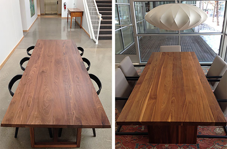 New walnut table (left) and aged walnut table (right)