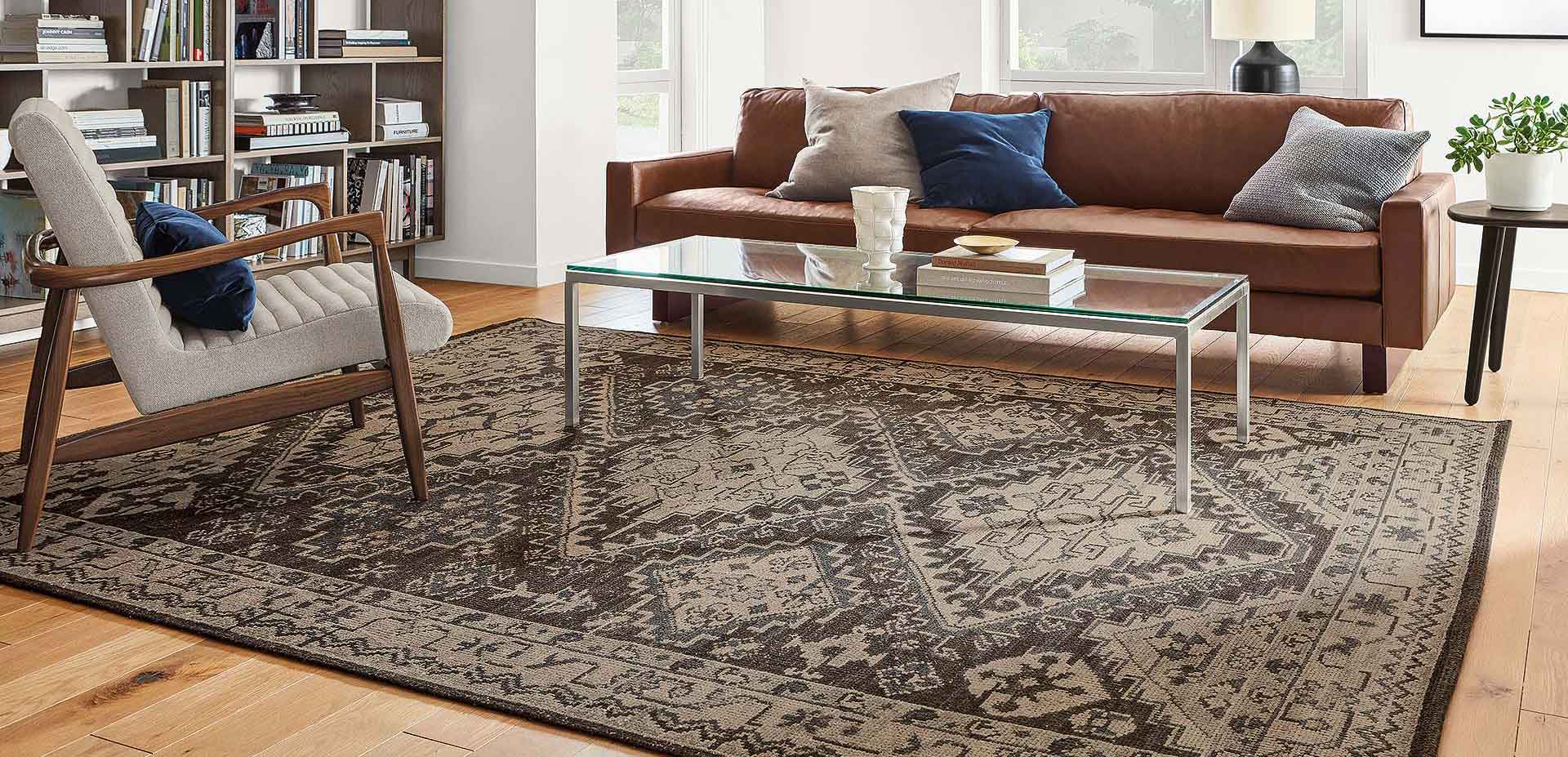 Large-scale pattern of the Marquise rug adds personality to this living room.