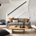 room setting including york 87-wide sofa in dawson cement, callan chair, corbett coffee table, dia rug.