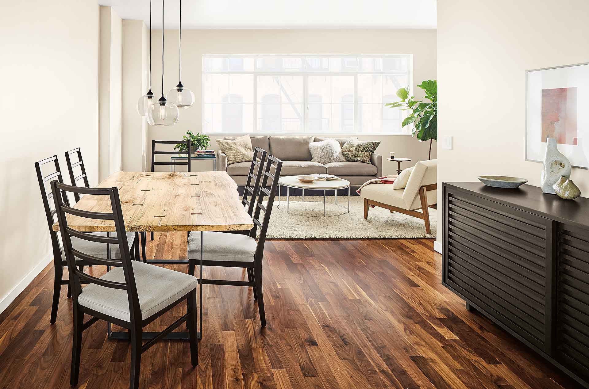 Shaker-inspired chairs and Shaker-inspired dining storage cabinet in modern dining room.