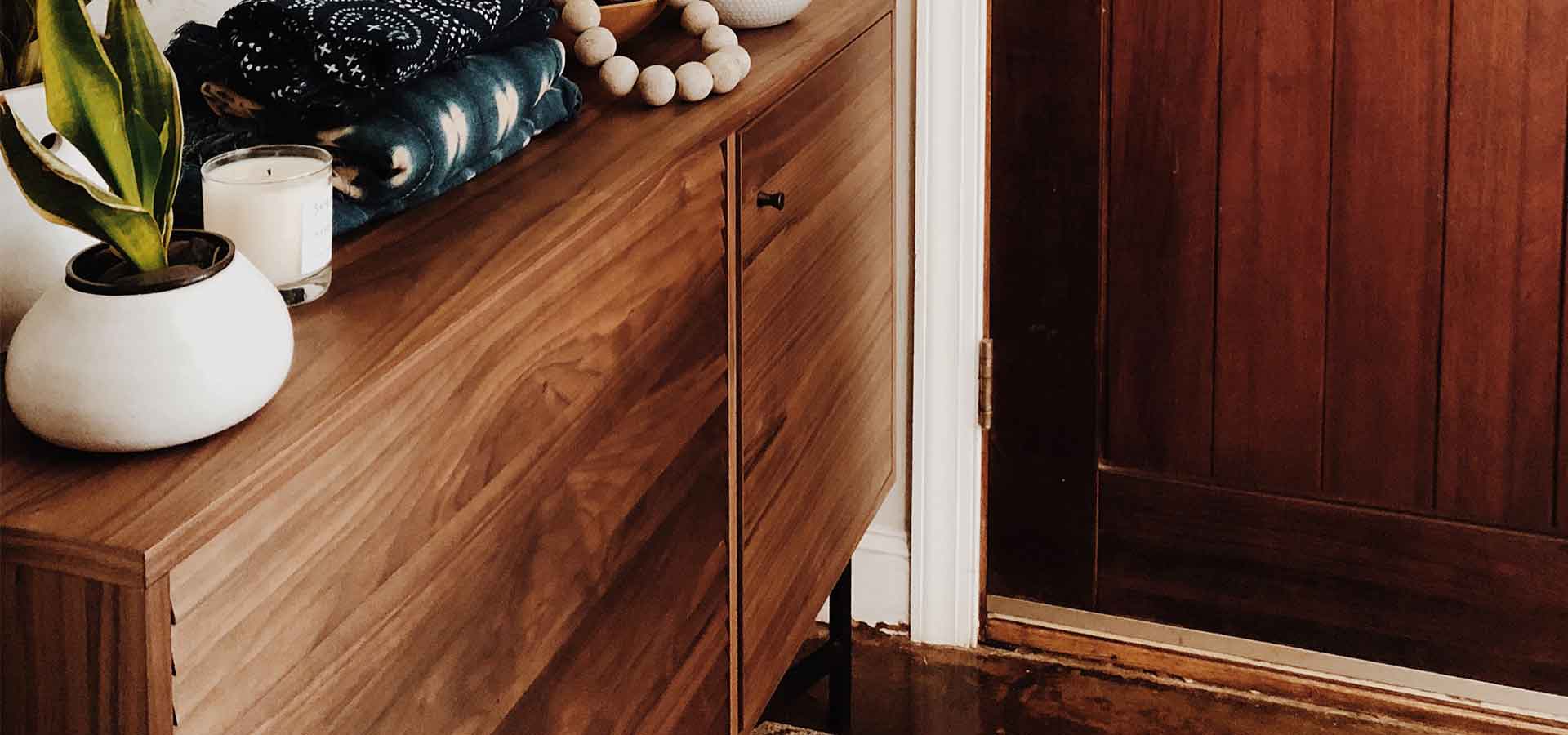 Modern wood storage in small space entryway