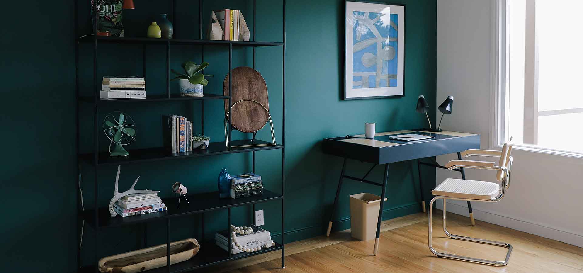 Home office with accent wall