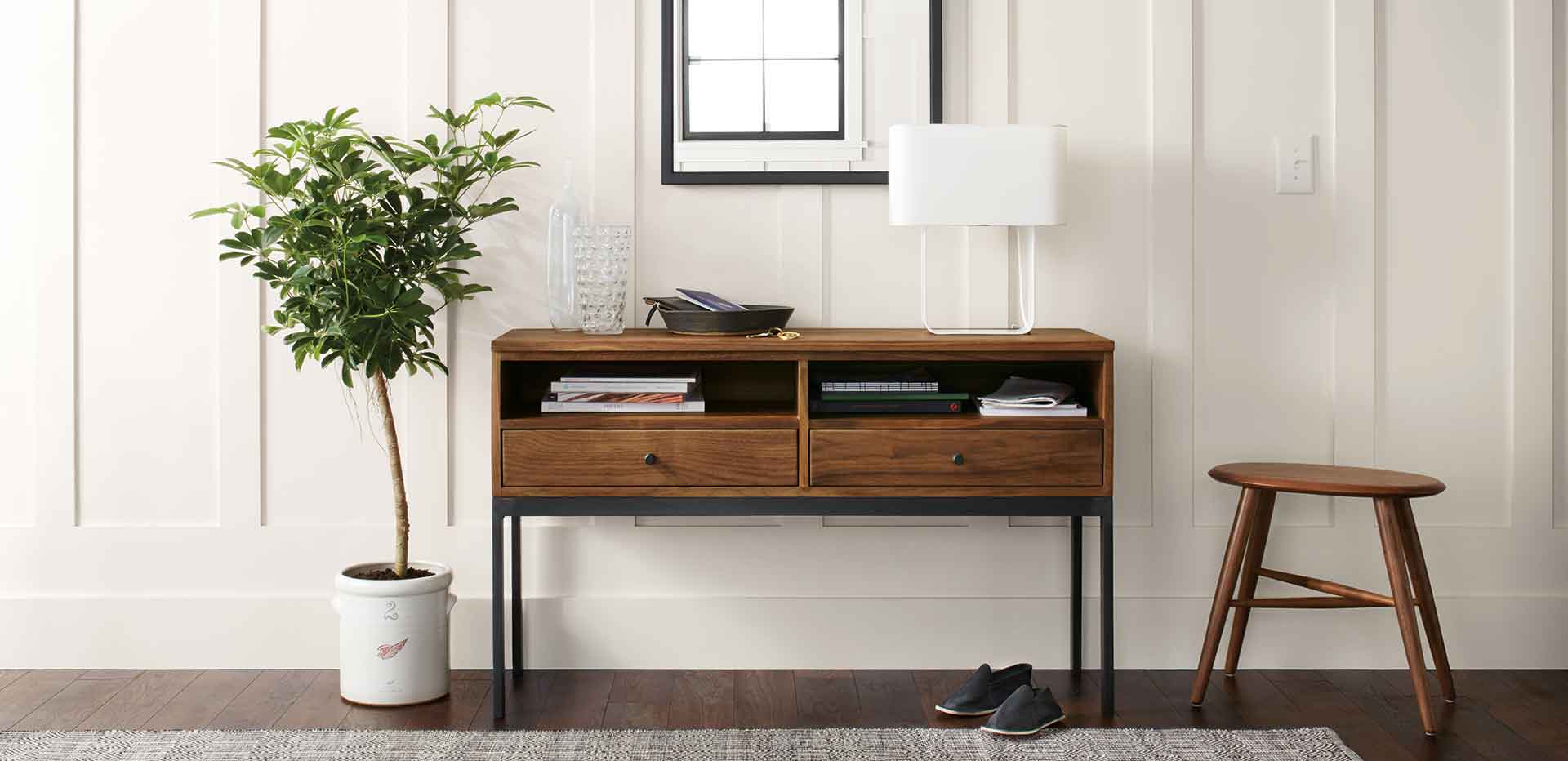 modern walnut console table with drawers