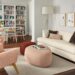 room setting with astaire sofa in sumner ivory, asher ottomans and boden chairs.