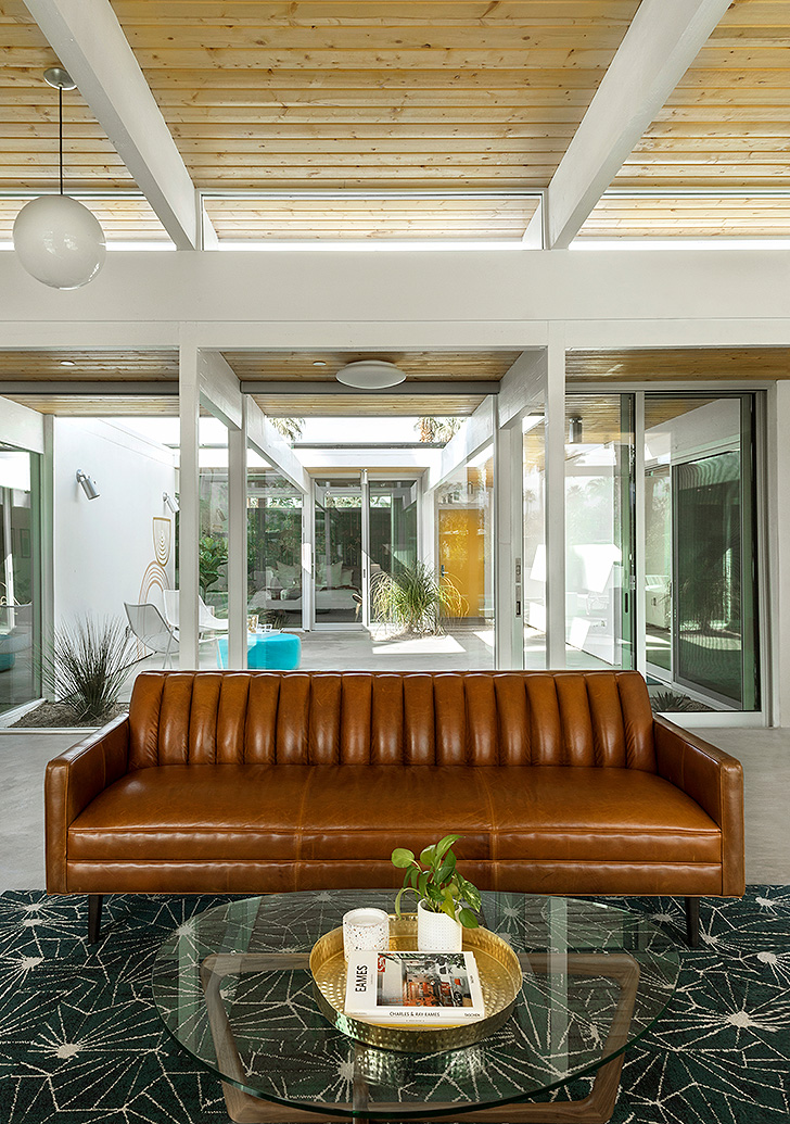 Brown leather sofa in living room