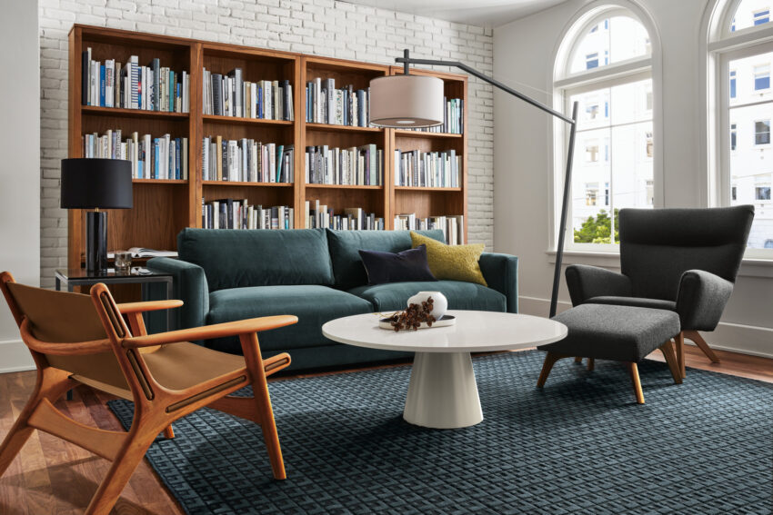 living room setting with clemens sofa, boden chair, lars chair, decker coffee table.