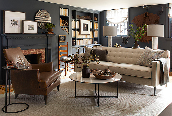 Holmes sofa and Nadine chair in Brooklyn Heights brownstone basement