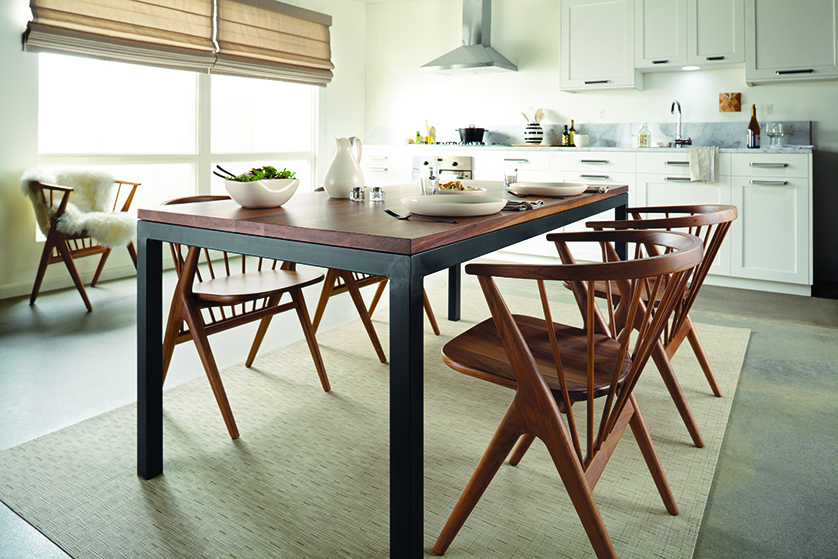 Detail of Parsons steel and wood table and Soren chairs.
